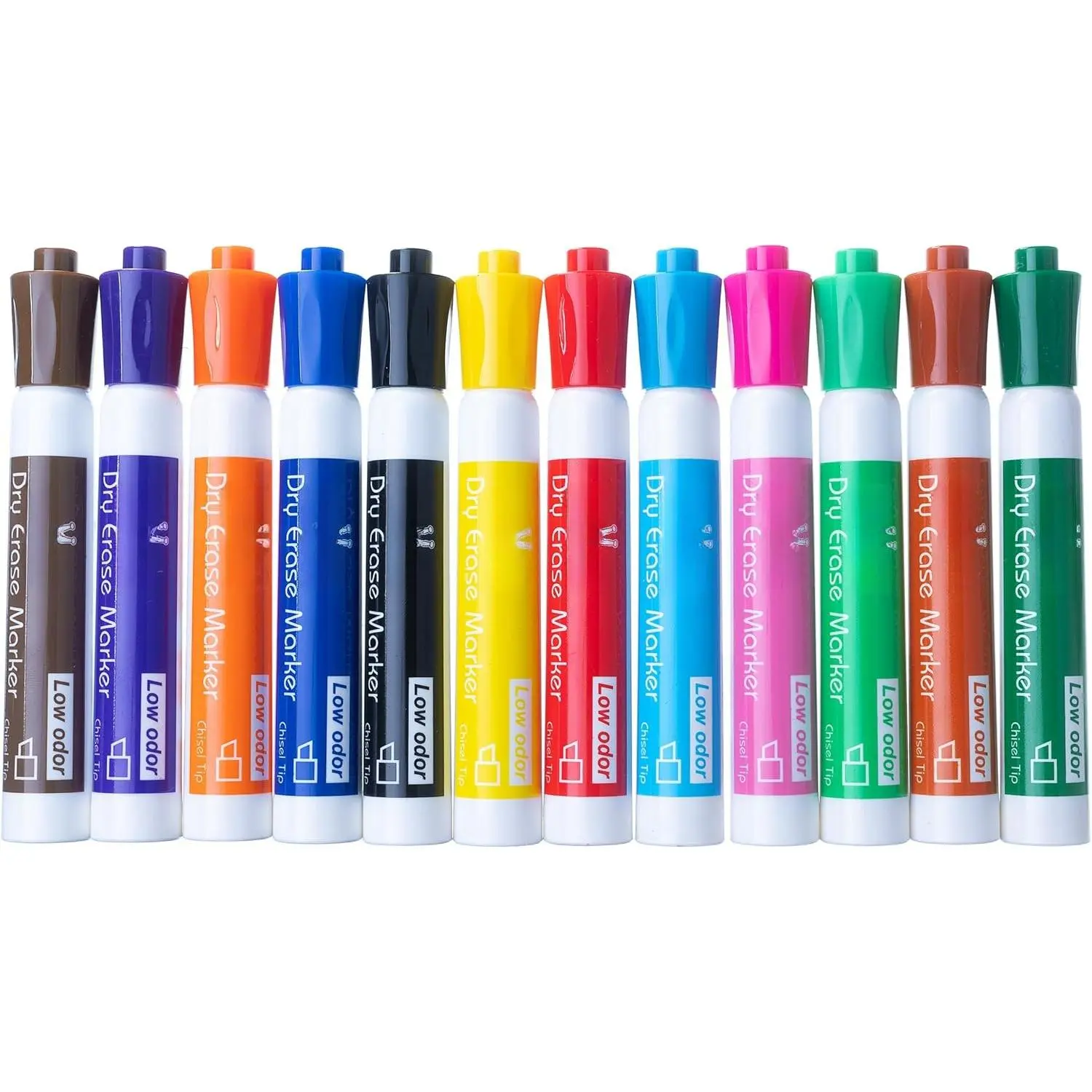 Low-Odor Chisel Tip Dry Erase Whiteboard Markers - 12-Color Multicolor Set with Erasable Ink, Wipes Clean for Classrooms, Color Marker Set, 12 Color Chisel Tip