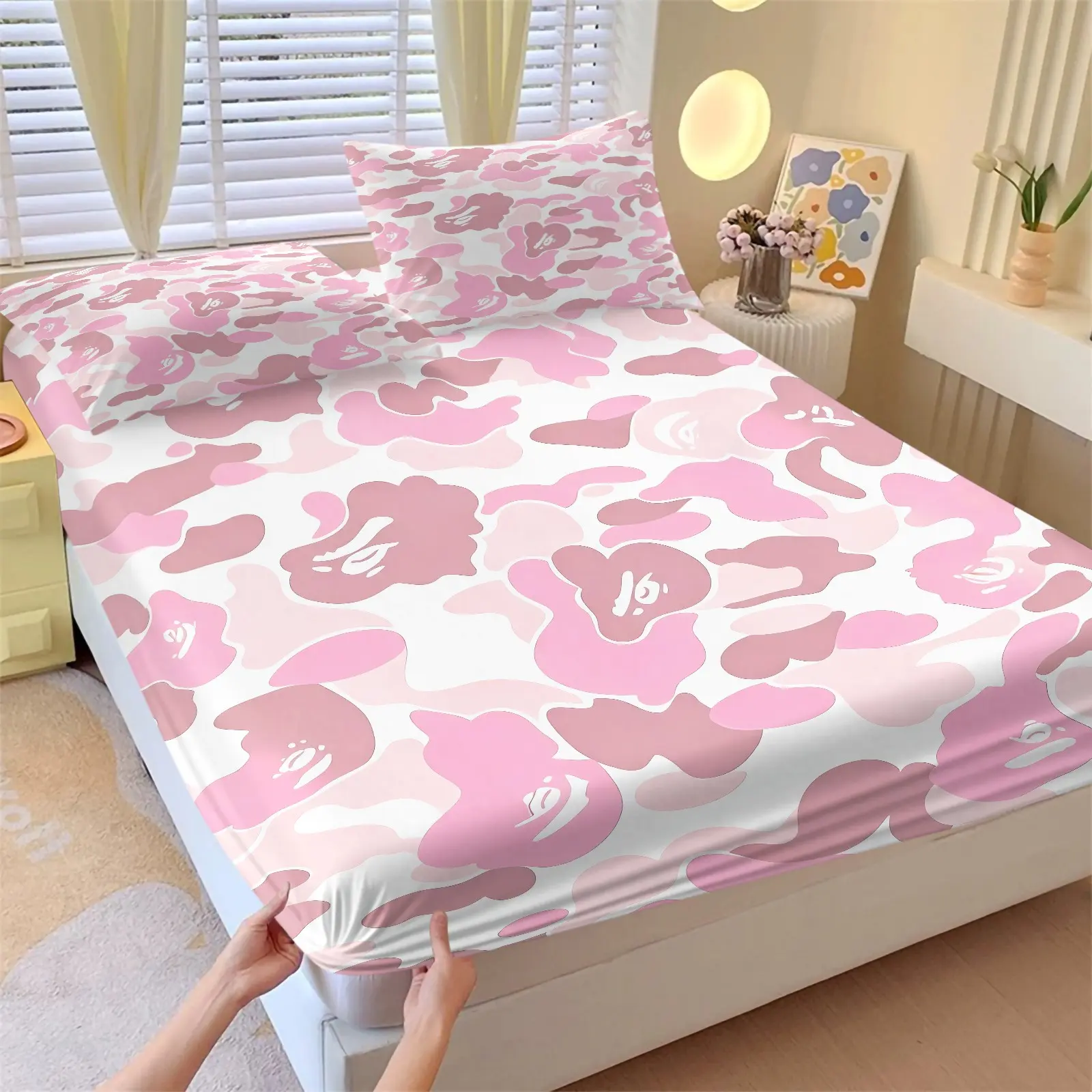 Pink Ape Camouflage Print Fitted Sheet Set, 1 Bed Sheet + 2 Pillowcases, Camo Integrated with Ape Head Subtle Pattern Bedding, Comfortable Deep Pocket Design, Trendy Cool Girls Bedroom Sweet Cool Dorm Decor, Printed Bedding Set