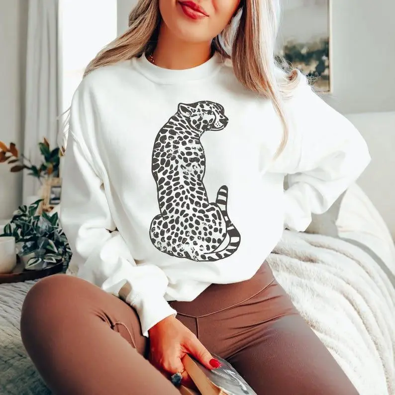 Leopard print retro sweatshirt, cheetah print crew neck sweatshirt, fashionable sweatshirt, animal print sweatshirt