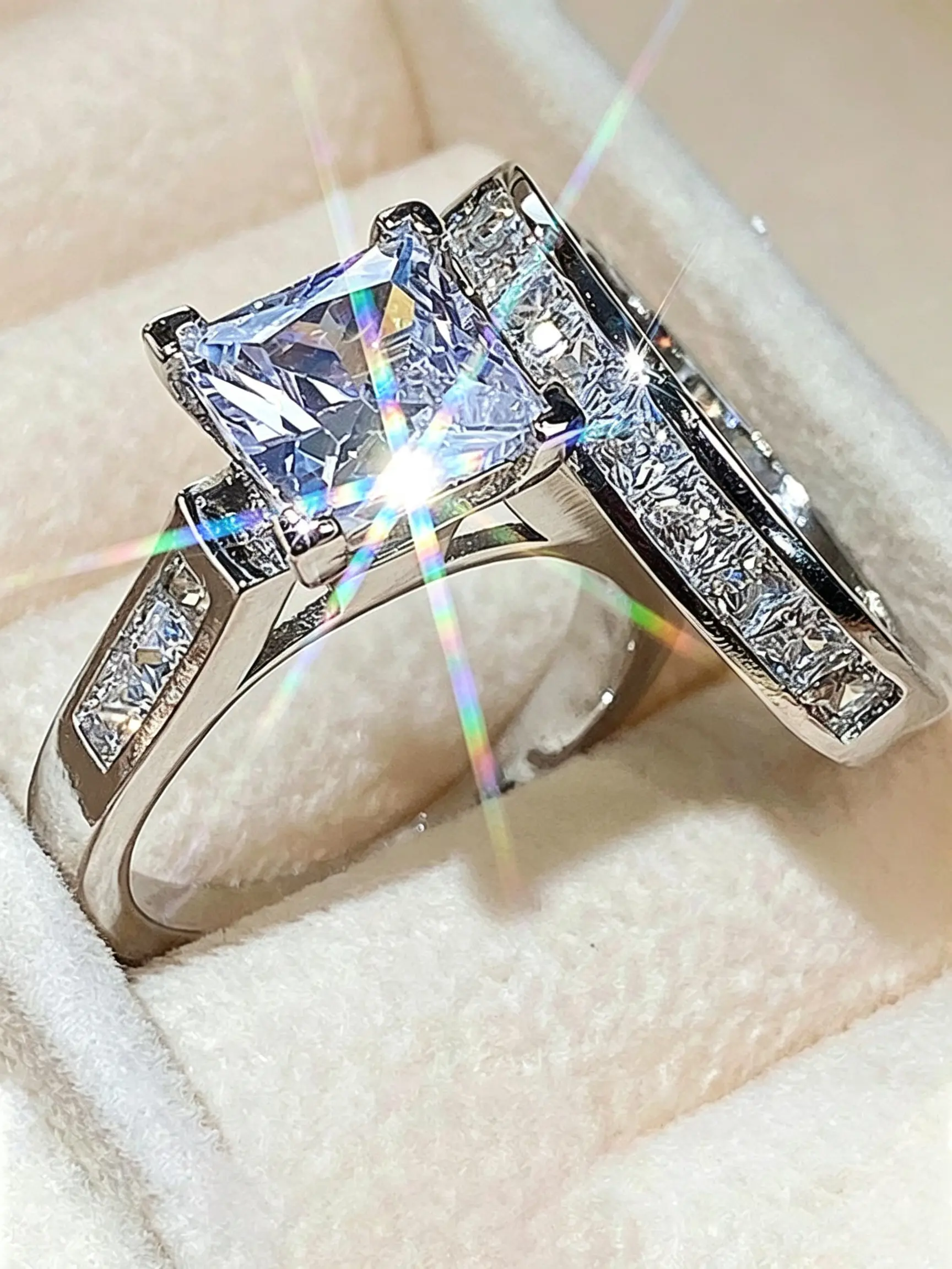 2-in-1 princess cut zircon stackable rings, sparkly square stone bridal jewelry set, women eye-catching nightclub party finger accessory, versatile daily matching statement ring, timeless wedding bridal essential jewelry