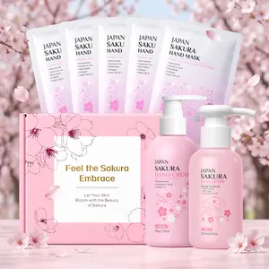 LAIKOU Sakura Hand Care Set, Premium Pampering Hand Mask Gloves 5PCS, Nourishing Hand Lotion 7.05oz and Liquid Hand Soap 4.06fl.oz, Gentle Softening Repair Skin Care Gift Kit for Dry Hands