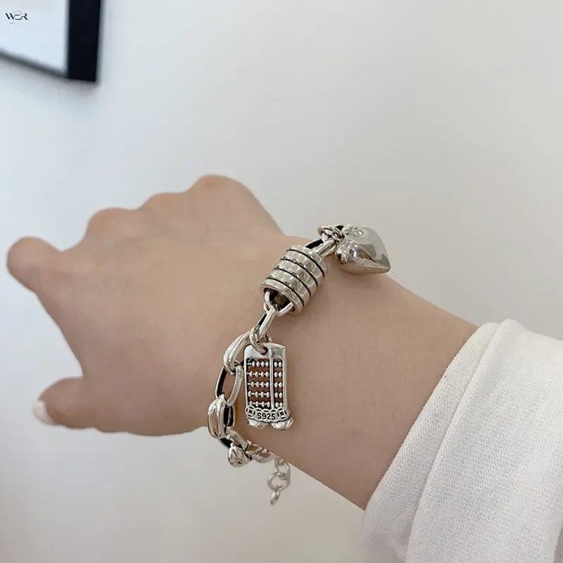 Women's Vintage Silver Thick Oval Link Engraved Charm Bracelet - Solid Heart & Abacus Pendant, 20cm Adjustable Length Chain Jewelry Bracelets & Bangles, Chunky Stack Lucky Gift, Women Girls, Charms For Bracelets, Chunky Links
