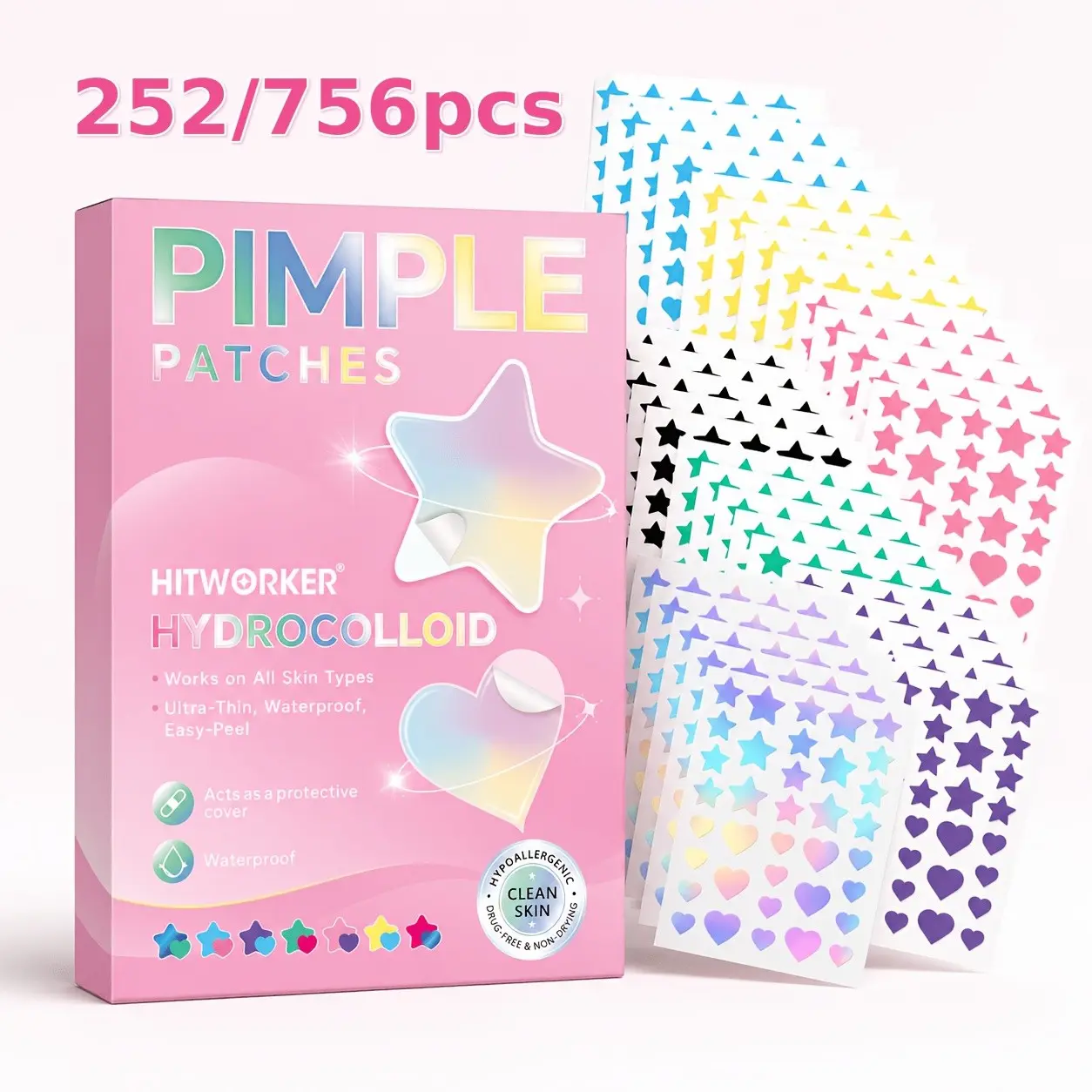 Cute Star & Heart Pimple Patches, 252/756 Counts Hydrocolloid Acne Spot Treatment Patches, Ultra-Thin Waterproof Blemish Stickers, Easy-Peel Spot Covers, Acne Clearing Products