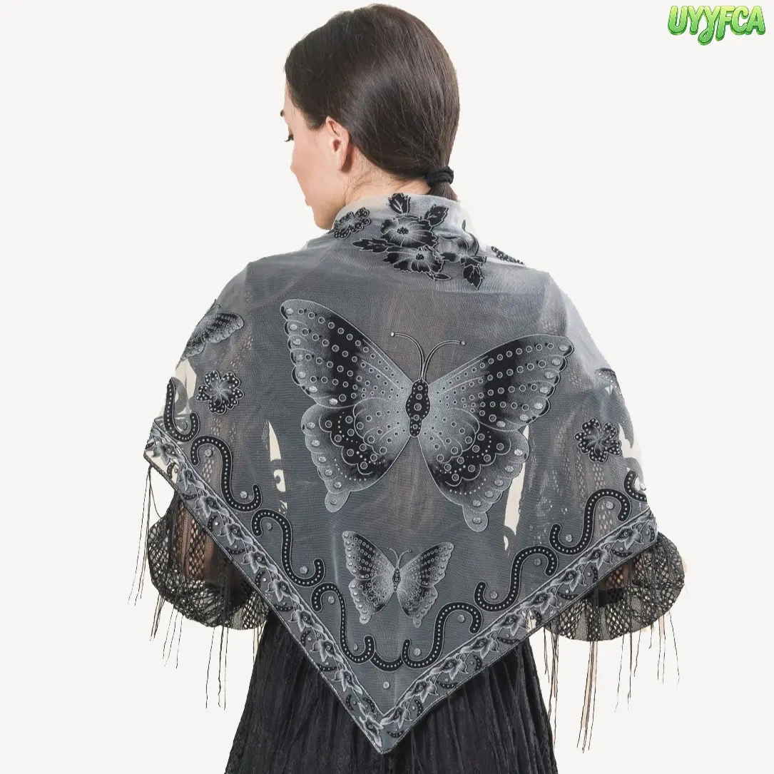 Vintage Butterfly Floral Embroidered Lace Triangle Shawl with Long Tassels, Soft Sheer Mesh Mantilla Head Veil for Women, Multi Wear Lightweight Scarf, Breathable Cover Up for Church Wedding Gothic Dark Academia Daily Party Outfit Styling,Beach vacation