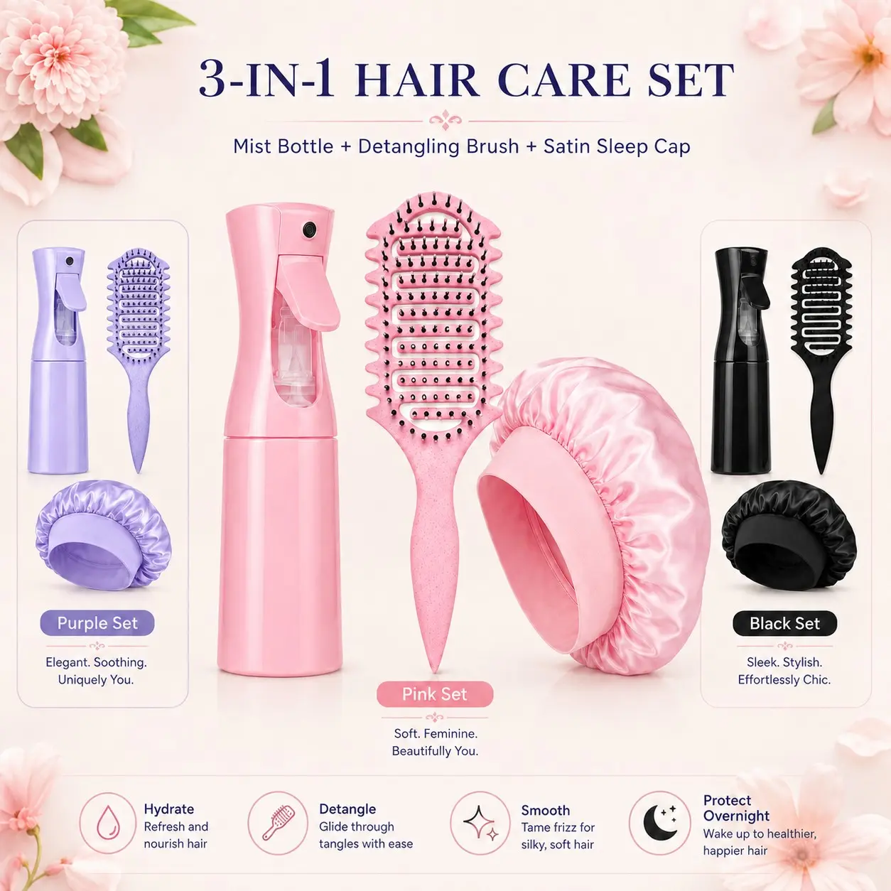 Women's hair care 3-piece set: spray bottle + detangling comb + satin sleeping cap, a detangling set specifically for curly hair, effectively controlling frizz, Brush For Curly Hair