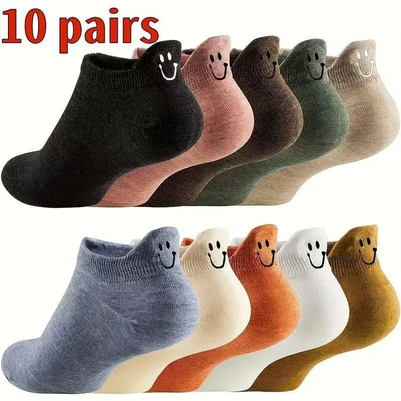 Casual Smiley Face Crew Socks, 10-Pair Pack for Women & Men, Breathable Polyester-Cotton with a Unisex Fit for Everyday Loungewear, Navy, Comfortable, Fabric, Coordinate