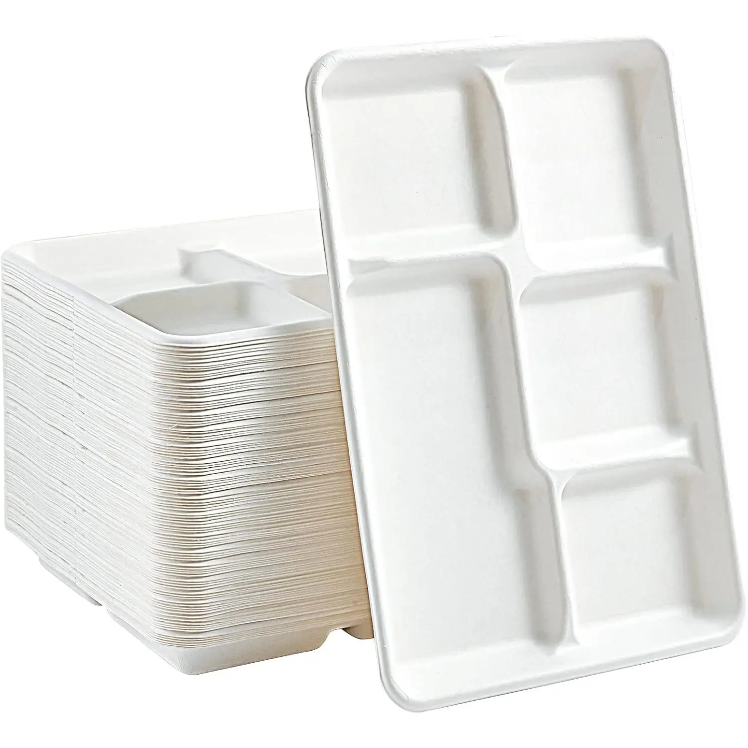 Compostable 5 Compartment Paper Plates, 100 Pack, 12.5 x 8.6 inch Disposable School Lunch Trays,  Bagasse Plates for Buffet, and Party