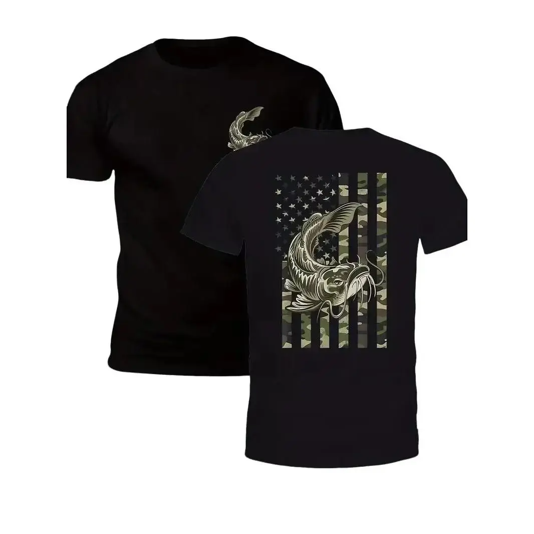 Men's Short-Sleeve Soft Round Neck Double-Sided Cotton Top - Breathable Retro Camo American Flag Streetwear, Casual Patriotic Outdoor Catfish Fishing Angler Sports Top