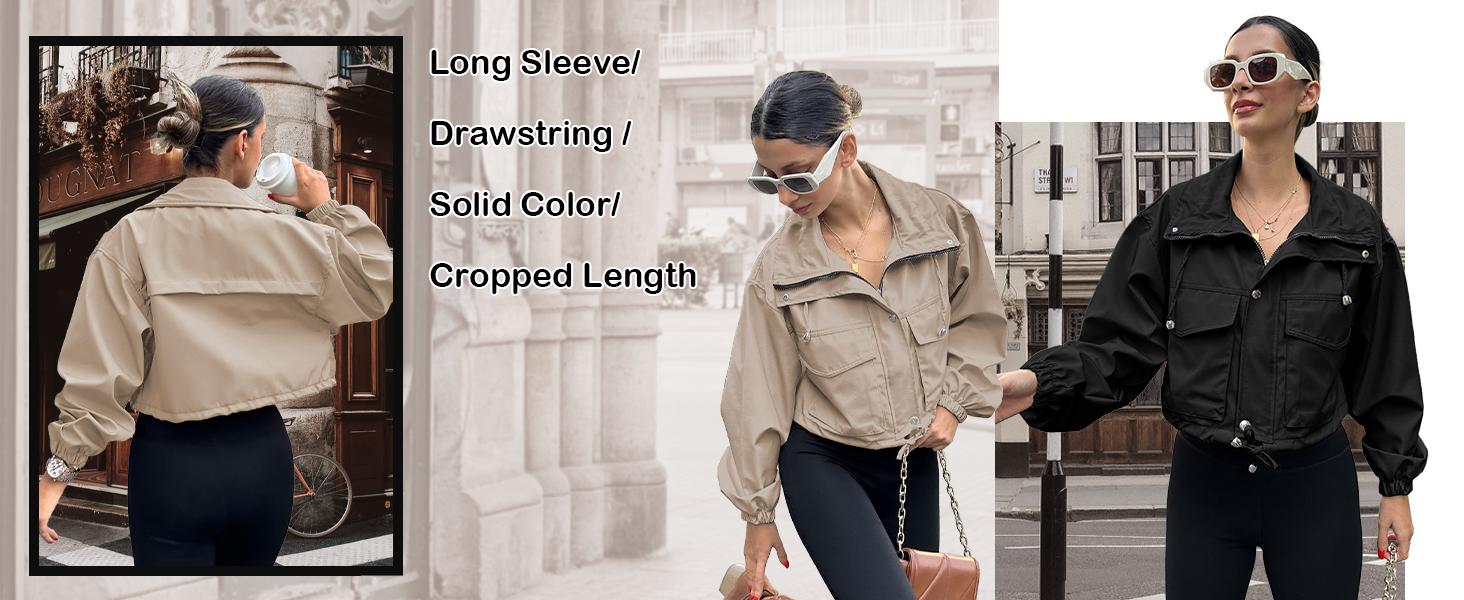 Imily Bela Womens Cropped Jacket Zip Up Lightweight Oversized Utility Anorak Coat with Pockets