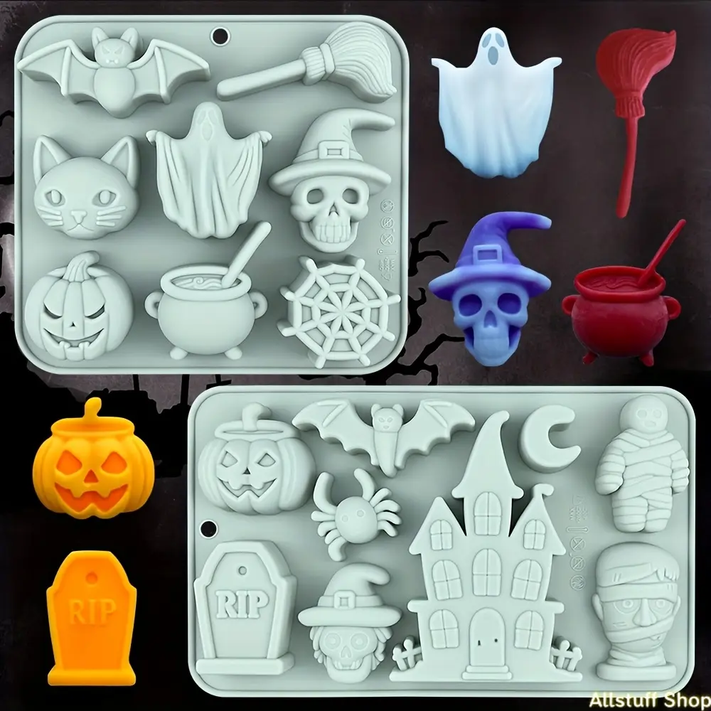 Halloween Silicone Candy Baking Mold - DIY Bag Accessory Baking Tray with Skull, Pumpkin & Cupcake Topper Shapes for Jelly, Gummy & Fondant Cake Decoration