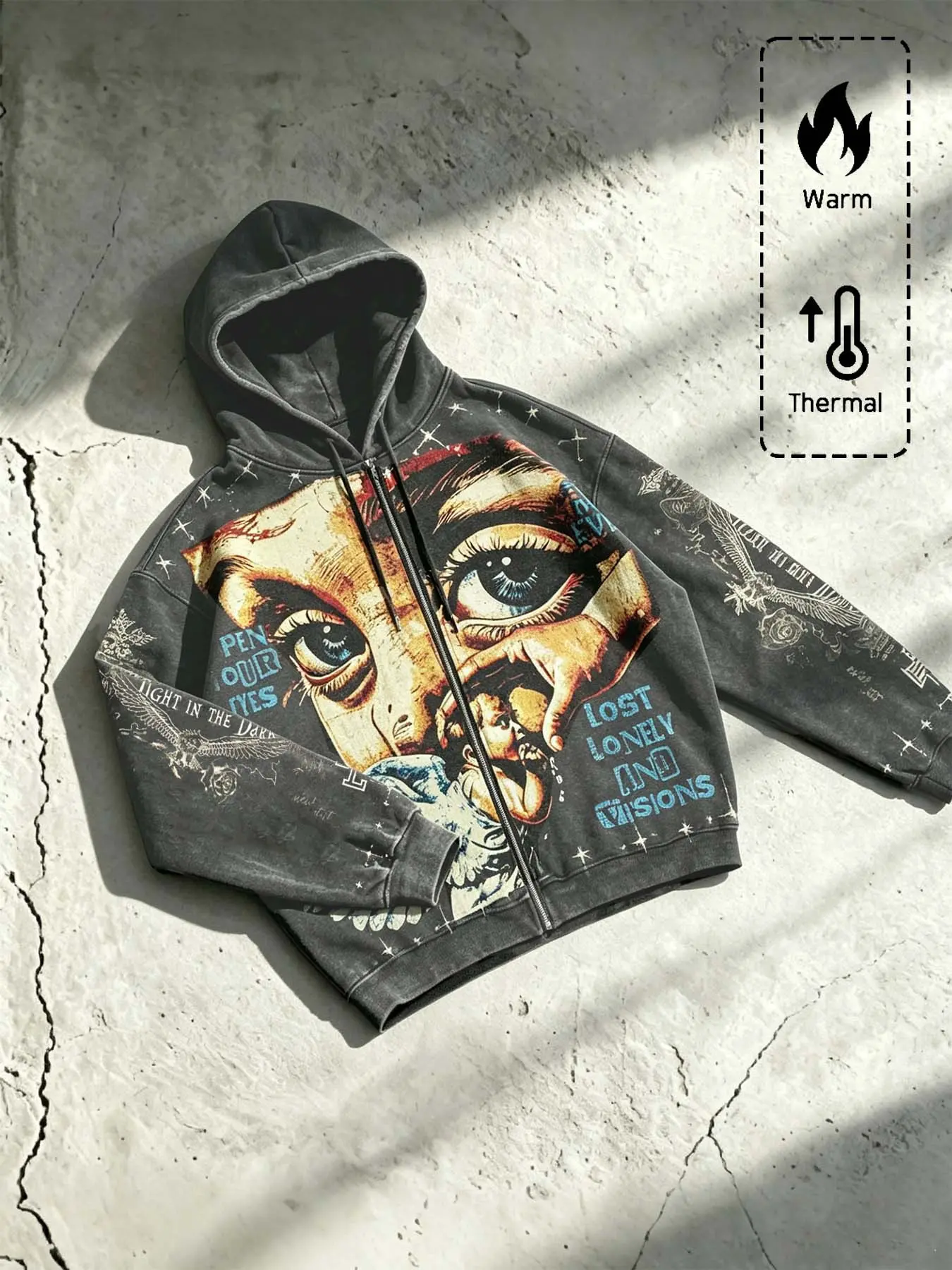Men's Vintage Angel Eye Pattern Hooded Zipper Sweatshirt, Y2K Gothic Streetwear, Long Sleeve Loose Fit, Fall & Winter Warm Jacket