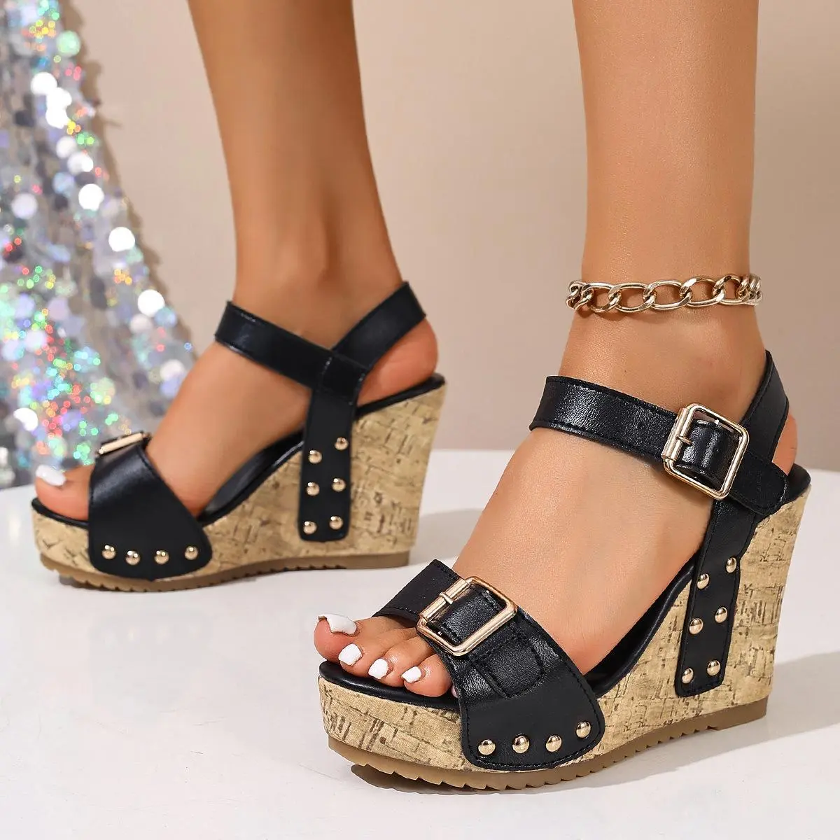 Women's Open-Toe Platform Wedges & Flatforms - Stylish Retro Studded Cork High Heels, Ankle Buckle Strap, Gold Rivets, Summer Bohemian Black Shoes for Casual Parties, All-Day Walks, Open-Toe Platform Wedges & Flatform