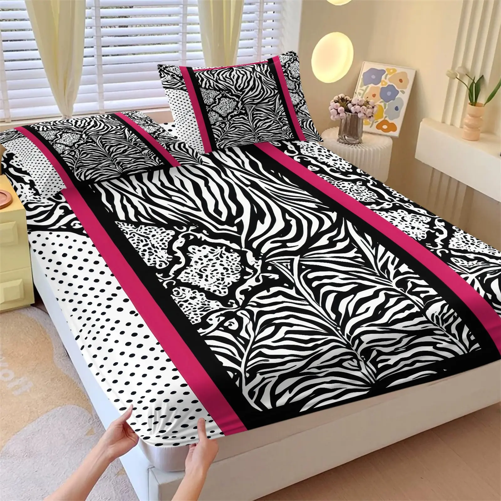 Leopard Zebra Fitted Sheet Full Size Kids Cheetah Pink White Black Bedding Set for Boys Teens Animal Print Bed Sheet Set Breathable Safari Bed Cover Modern Geometric Room Decor (1 Fitted Sheet & 2 Pillowcase)