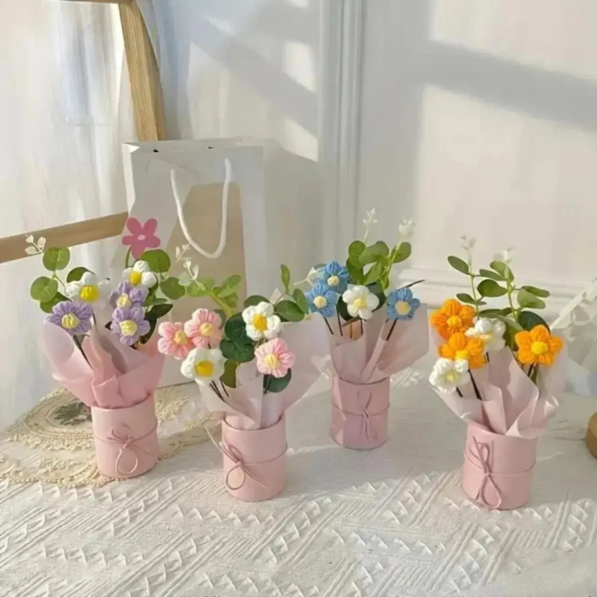 Handmade Crochet Vibrant Mixed Colors Artificial Flower Bouquet Set with Gift Box, Decorative Knit Table Centrepiece for Indoor Leisure Home Decor, Birthday Gift Ideas for Her, Flowers, Anniversary