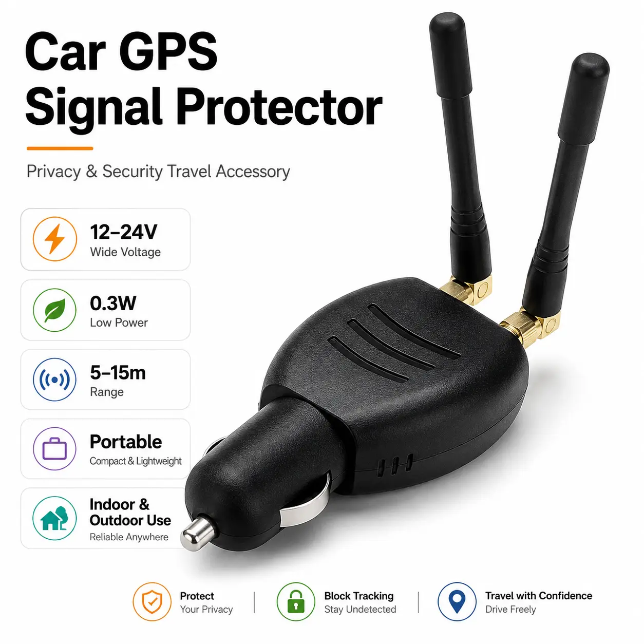 Portable Black ABS Car GPS Privacy Security Protection Device, Durable 12-24V Low-Power 0.3W Dual Antennas Vehicle Travel Accessory for Indoor & Outdoor Use