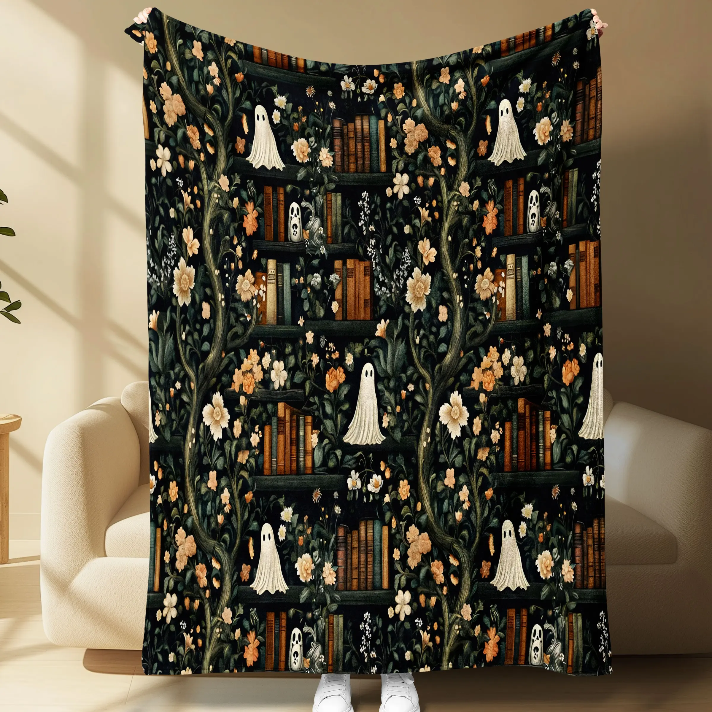 1 PC 📚 Dark Academia Ghost Library Blanket! Soft flannel for couch reading, cozy bedroom decor, or gothic setups. 👻 Epic Halloween, Christmas & B-day gift for book lovers! 🎁 #DarkAcademia #GhostAesthetic #CozyBlanket #BookishGift