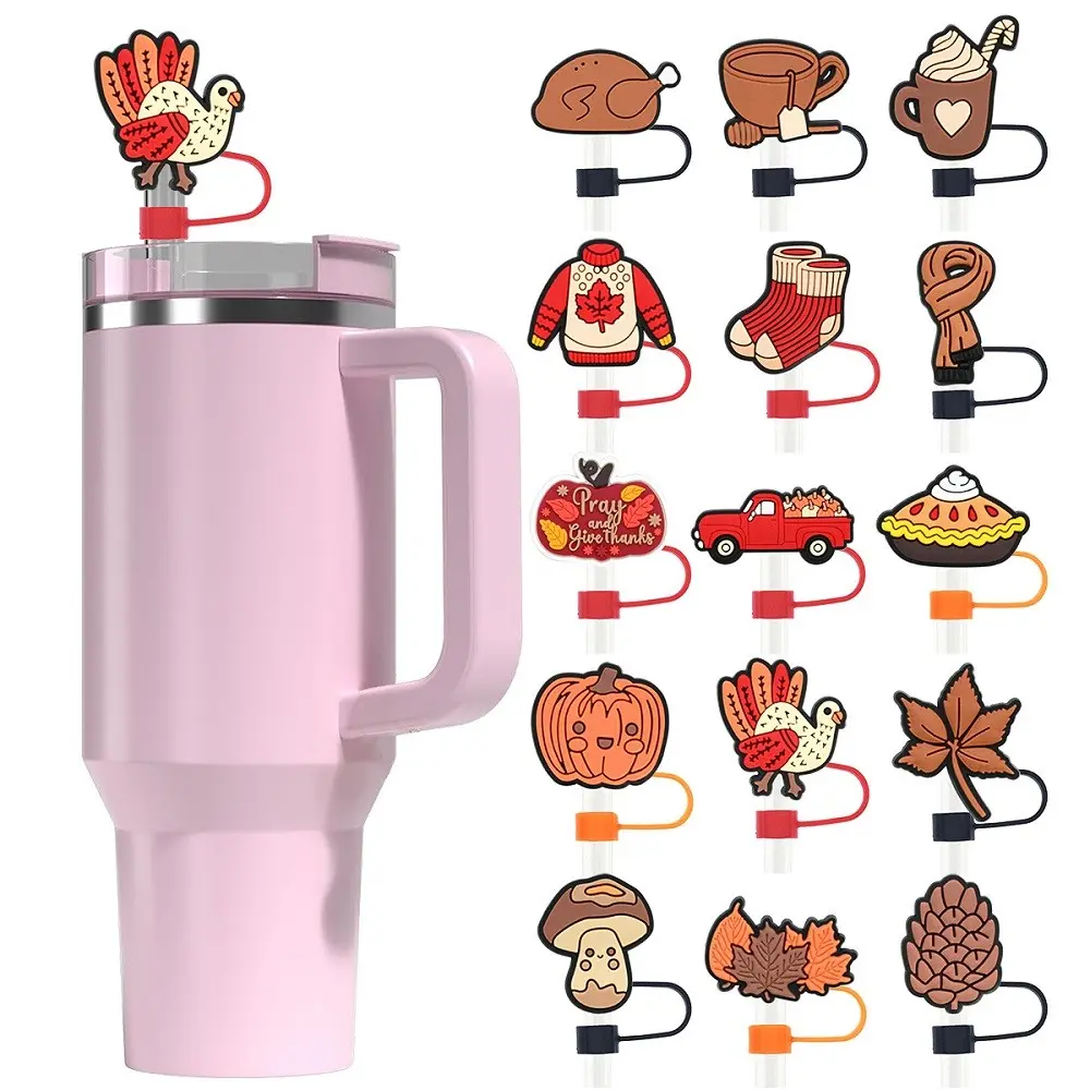 6/15 Pcs Thanksgiving Straw Toppers for Stanley Cups, Silicone Reusable Straw Covers, Funny Tumbler Accessories for Halloween