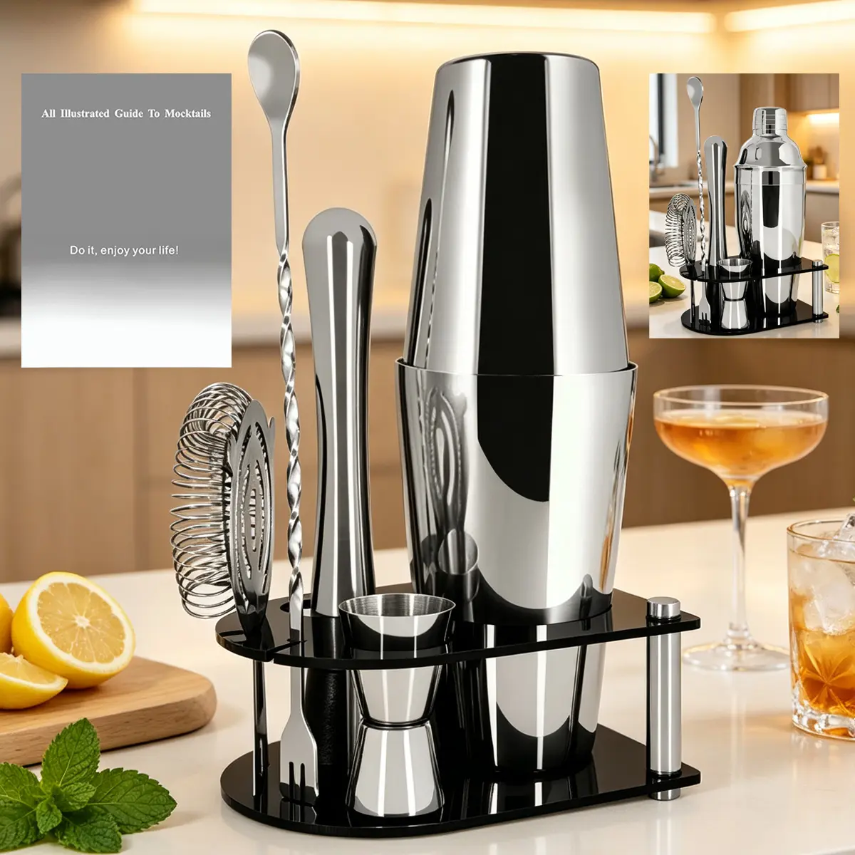 7-Piece Cocktail Shaker Kit | 25/20oz Boston Shaker Styles | Muddler, Stand & Recipe Guide | Martinis Bartender Kit for Home Bar