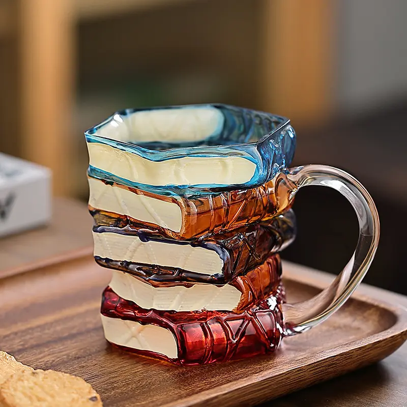 Hand-painted book-shaped glass cup, creative mug, unique and interesting water cup, tea cup, coffee cup, all-glass heat-resistant thickened cup