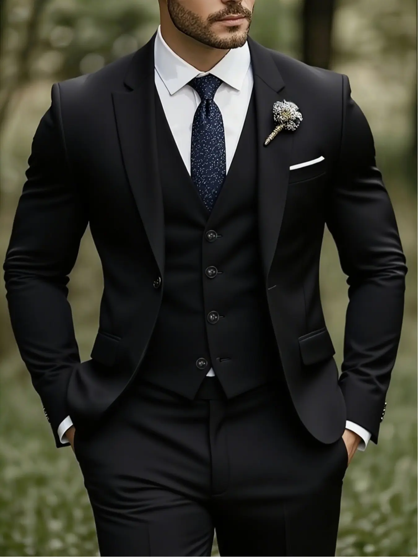Men's Best Man Suit 3-Piece Set Single Breasted Slim Fit Long Sleeve Solid Business Suits Set