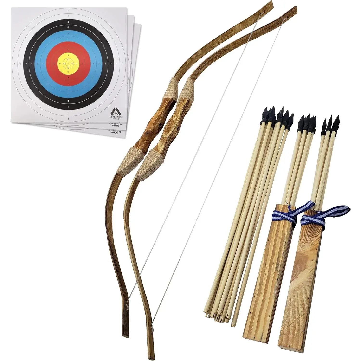 2-Pack Handmade Wooden Bow and Arrow Set |   20 Wood Arrows and 2 Quivers |   for Outdoor Training and Practice