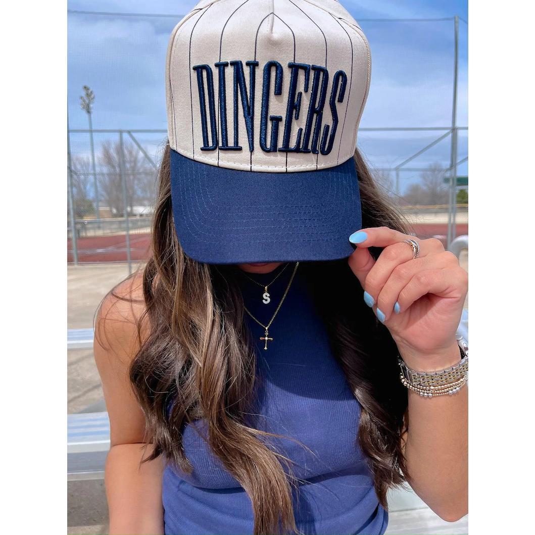 Dingers Navy Striped Vintage Trucker Hat Flatbill Snapback Cap for Baseball Season Adjustable Snapback Design