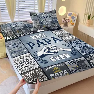 Best Dad Theme Fitted Sheet Set & 2 Coreless Pillowcases-Blue Grey Tone Heartwarming Quote Patchwork Design -Deep Pocket Non-Slip Mattress Protector-Minimalist Bedroom Decor Father's Day or As A gift for Father