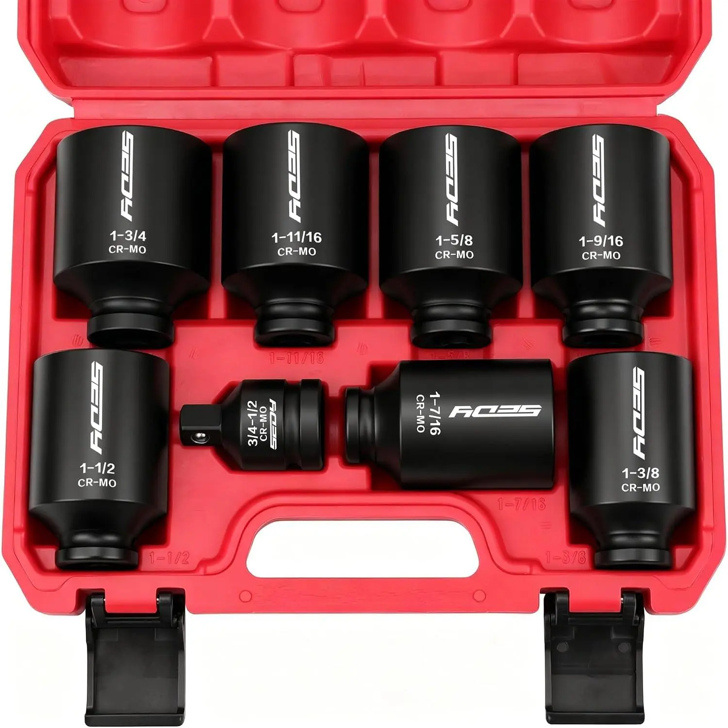 SAE Deep  Socket Set 8- 1/2-inch Drive Wheel Axle Nut Wrench Large Sockets Standard Adapter 1-11/16 1-9/16 /8 1-7/16 1-1/2 1-5/8 /4  Spindle Joint Torque Bearing Locknut