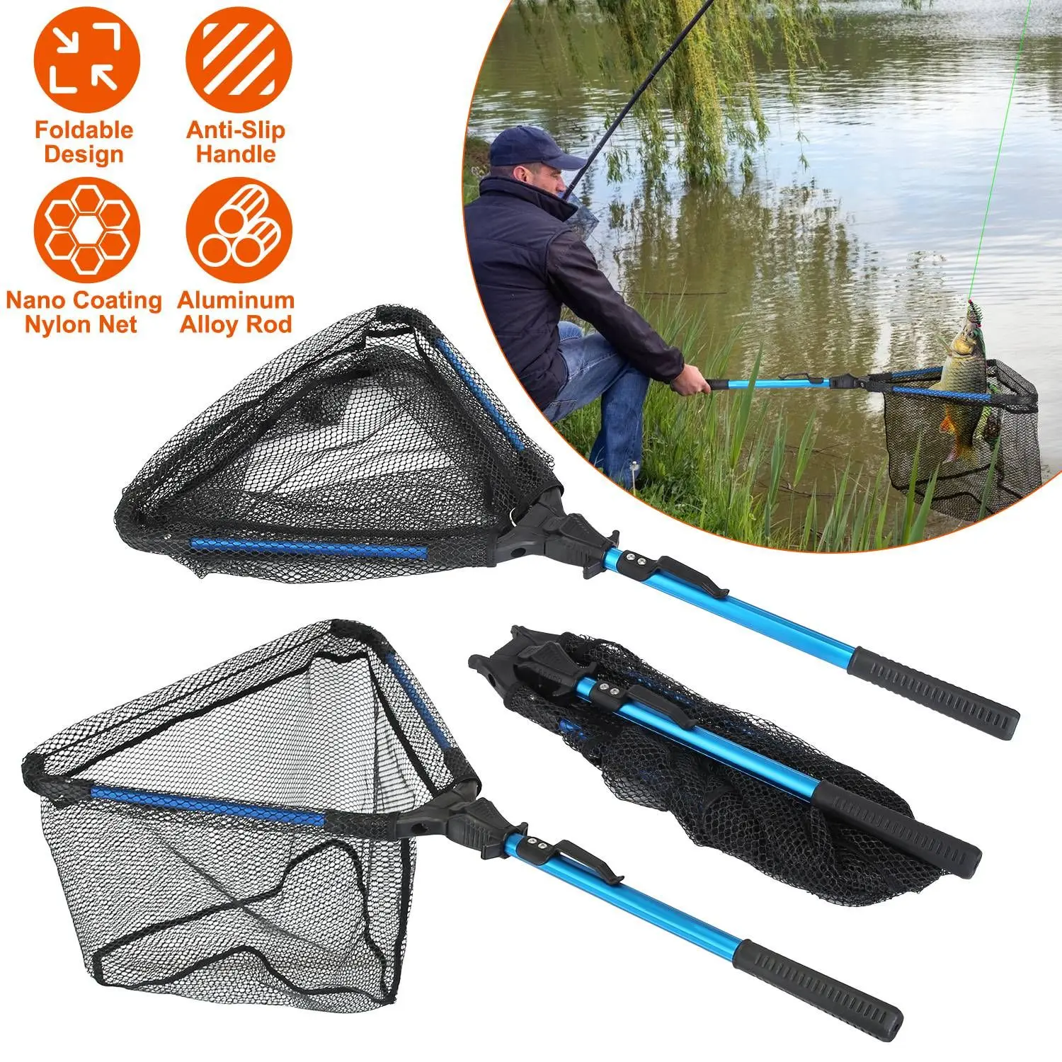 Foldable Fishing Net With Aluminum Alloy Rod EVA Handle Durable 5MM Hexagonal Nano Coating Nylon Mesh Collapsible Landing Net Safe Fish Catching or Releasing