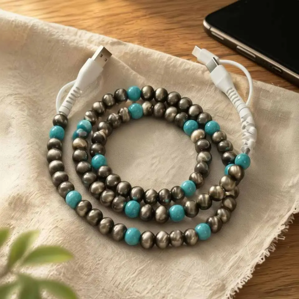 Bronze Beaded USB Charging Cable 4 in 1 Turquoise Gift Customizable Fast Charging Data Cable for Phones Charger Charging Accessory Beaded Charging Cords