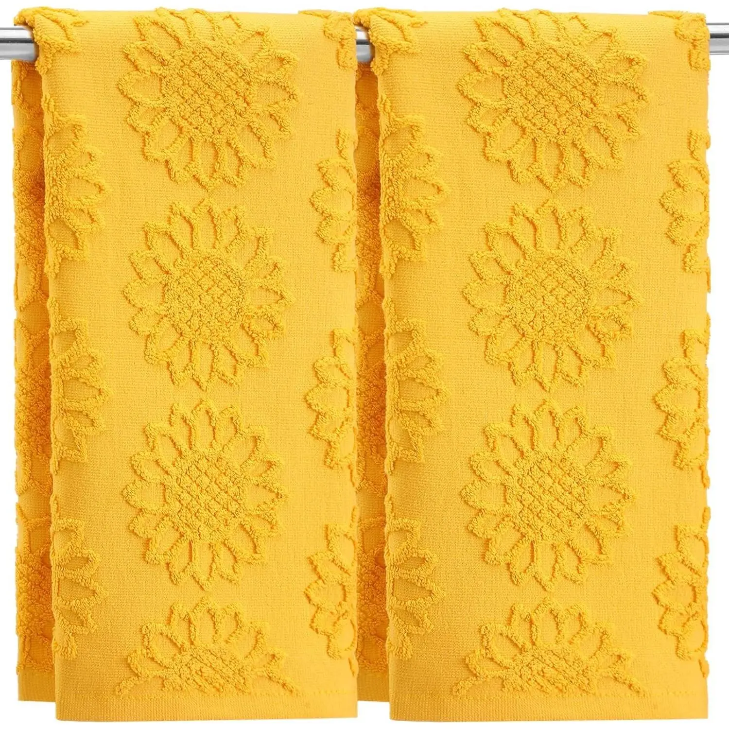 SmoothNovelty 2 Pcs Yellow Sunflower Hand Towels 100% Cotton Jacquard Weave | Bath Towel Set Soft Absorbent Dish Washcloth for Bathroom Kitchen Summer Theme Gifts, 13.8x29.5 Inch