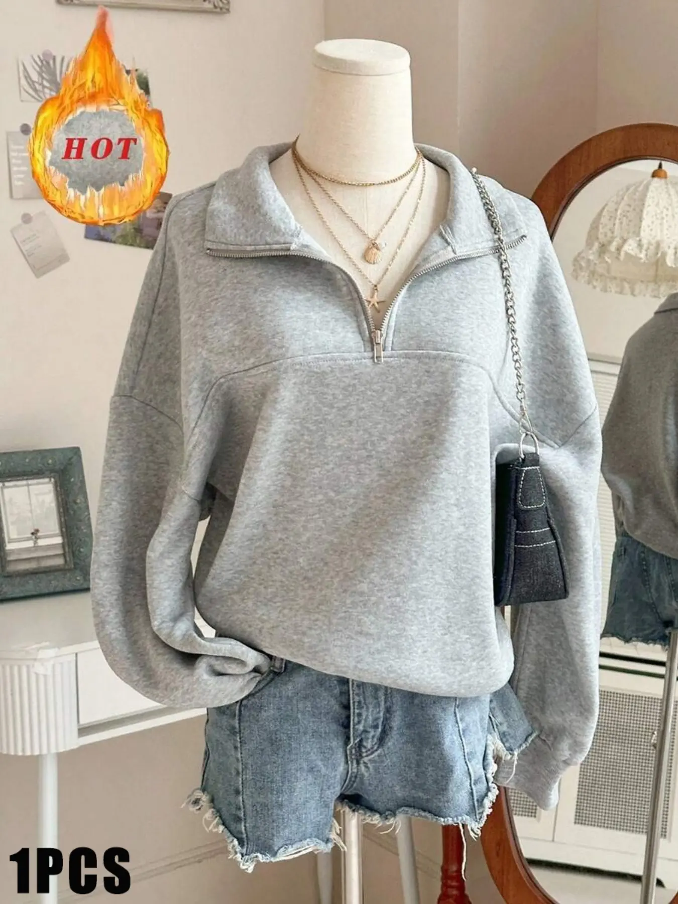 Y2K Women's American Minimalist Casual Solid Color Neck Zip Sweatshirt, Loose Drop Shoulder Long Sleeve Top, Basic Lazy Style Jacket, Suitable for Daily Home, Commute, Dating and Fitness Outfits # Multiple Colors Available # Stylish and Versatile
