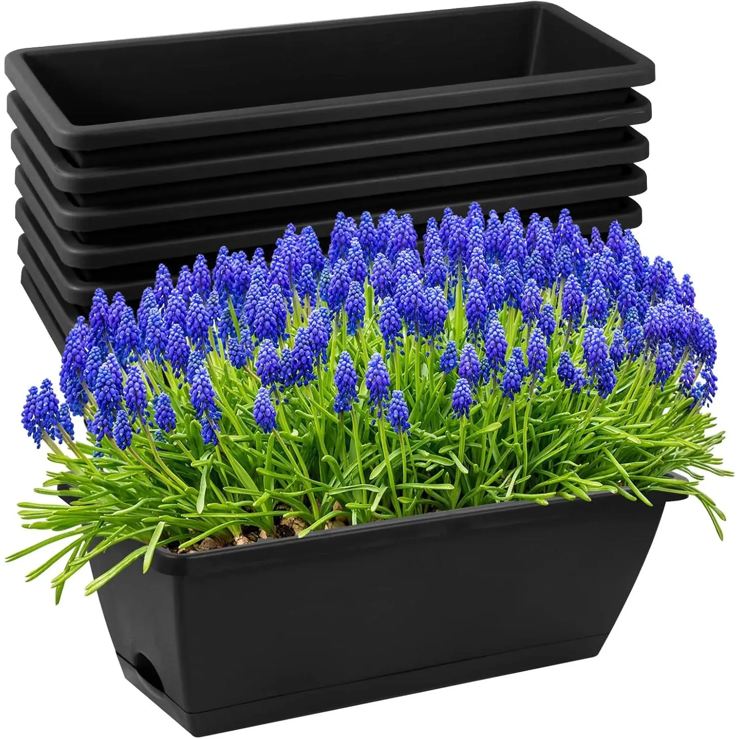 8pcs Window Box Planter,17 Inches Flower Window Boxes,Rectangle Planters Box with Drainage Holes and Trays, Plastic Vegetable Planters for Windowsill Patio Garden Home Decor Porch Yard (Black)
