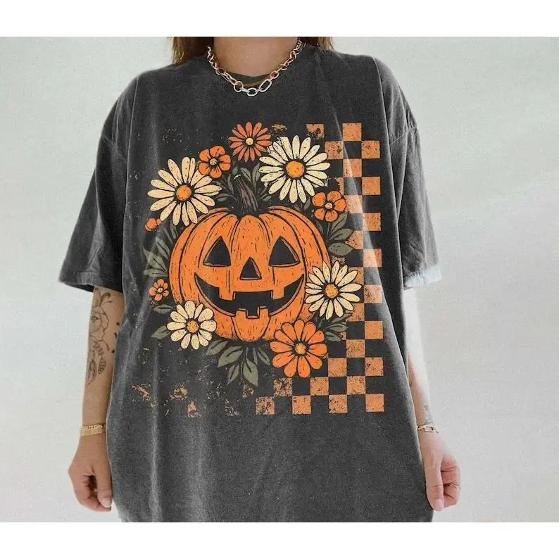 Retro Floral Pumpkin Shirt, Funny Pumpkin Halloween Tee, Preppy Halloween Tshirt, Halloween Pumpkin Spooky Season, Checkered Design
