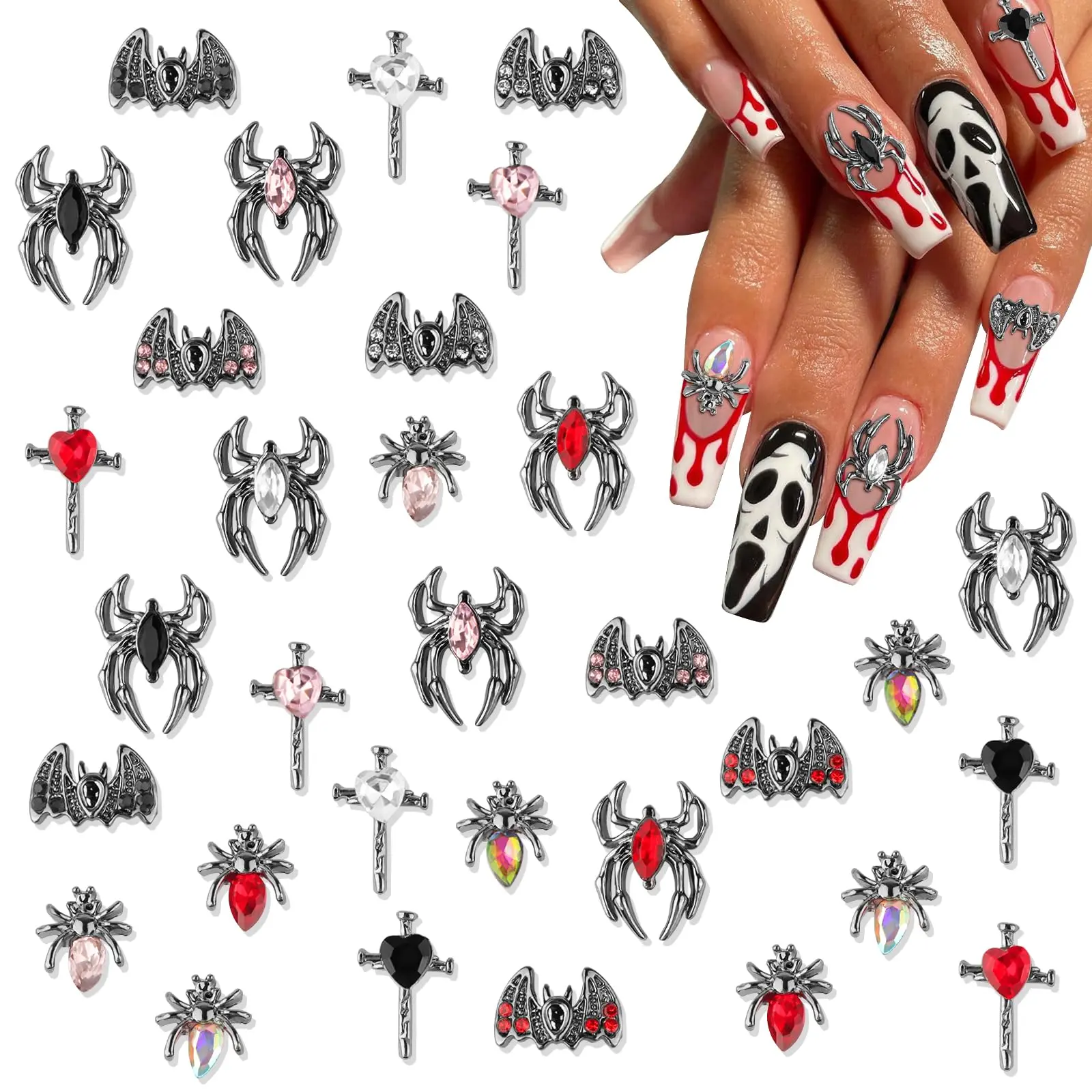 32PCS Halloween Spider Nail Rhinestones, 3D Retro Halloween Nail Art Charms Spider Bat Alloy Nail Charms Halloween Nail Art Jewelry Gems for Women Girls Holiday Party Manicure DIY Decoration