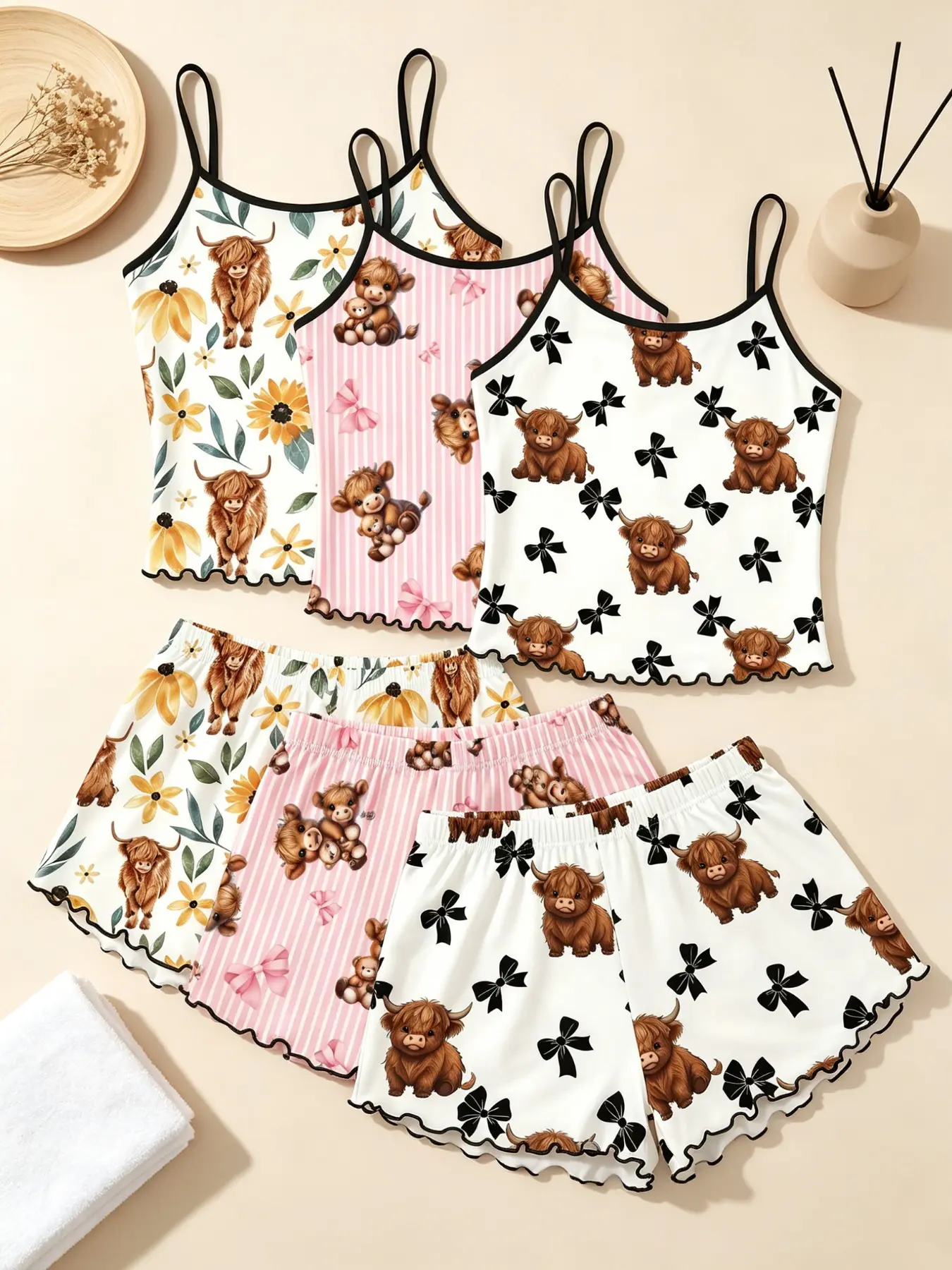 Women's Sleepwear 6 Piece Matching Bundle Farmhouse Western Aesthetic Highland Cow Print Floral Summer Soft Country Cute Style Spaghetti Strap Lettuce Ruffle Hem Contrast Trim Silky Breathable Lightweight Cami Short Pant Set Home Sleepover Lounge Wear