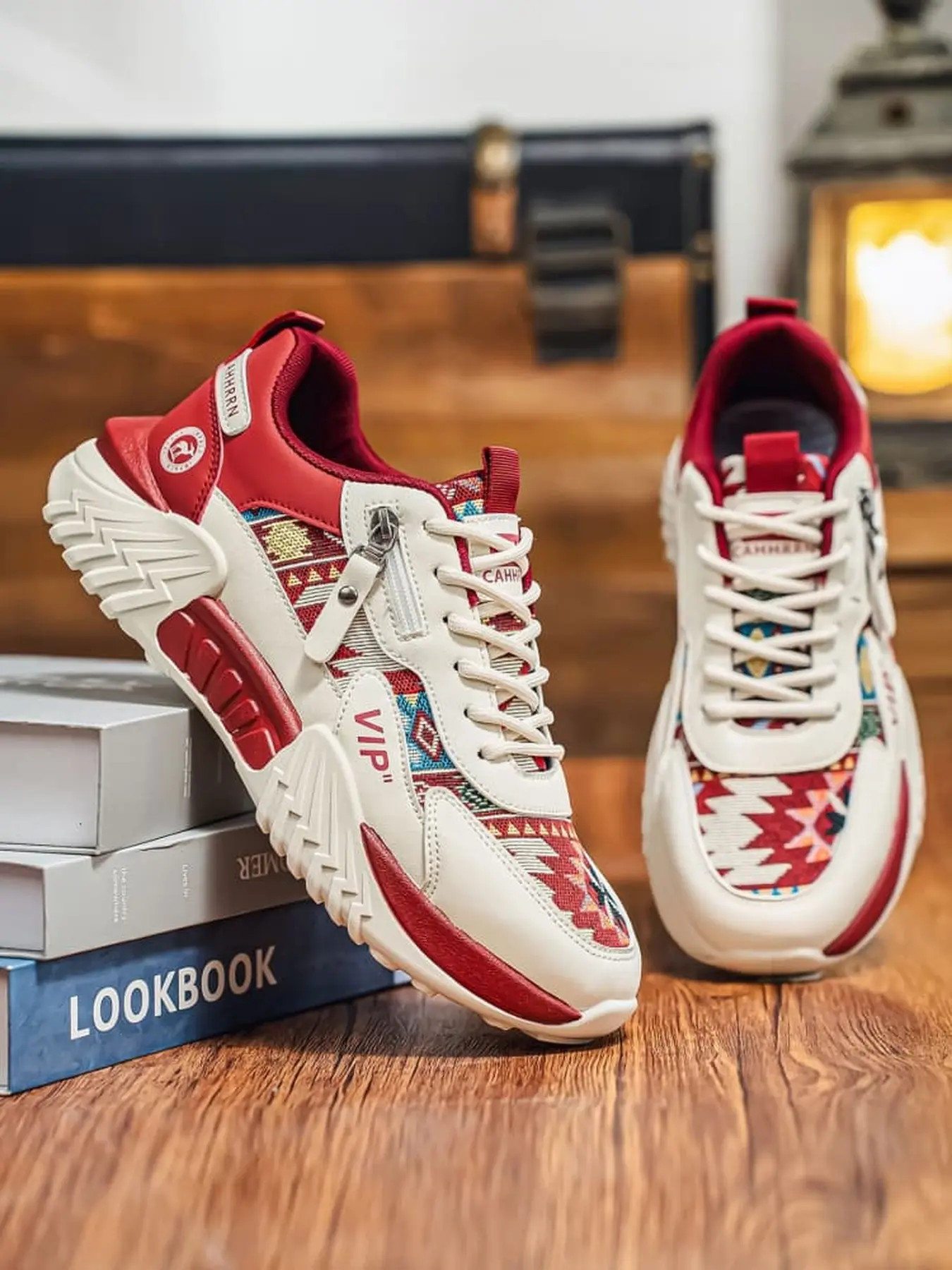 Men printed side zipper dad shoes, functional leather spliced woven fabric, mesh breathable anti-slip thick sole trendy sneakers for commute street
