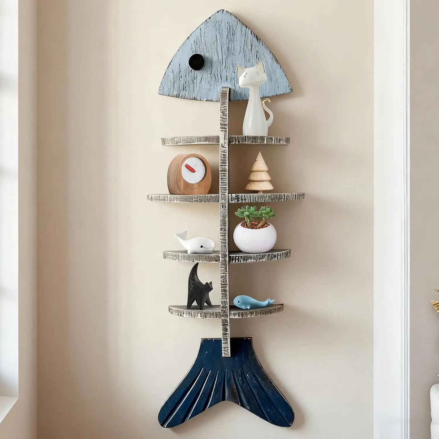 Wooden Fish Wall Shelf, Wood Fish Beach Decor Display Shelf, Nautical Coastal Style Wall - Mounted Organizer in Bedroom,Living Room,Lake House, Bathroom