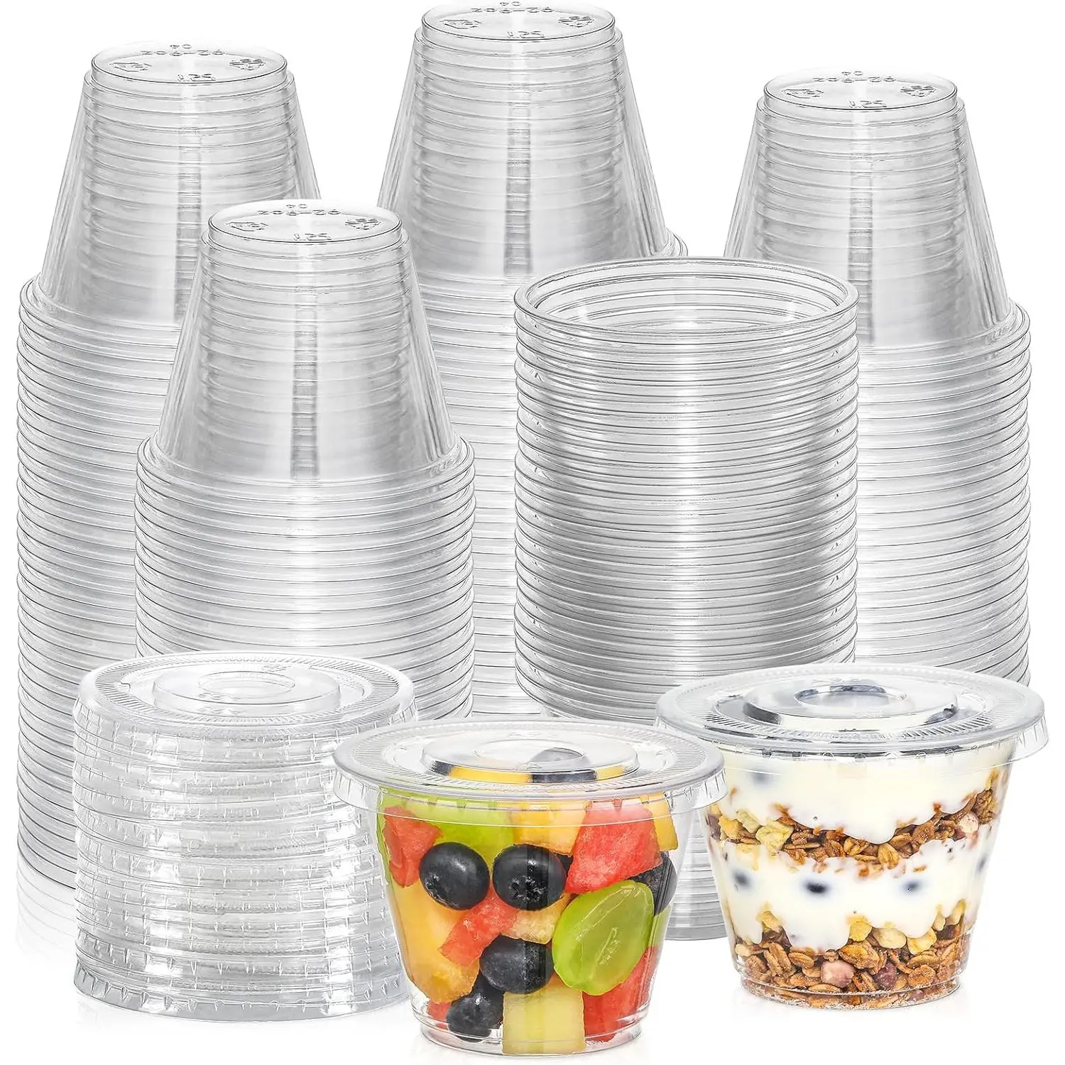 [50 Sets, 9 oz Clear Plastic Cups With Flat Lids No Hole, Disposable Cups With Lids for Ice Cream, Pudding, Cake, Snacks Smoothie, Milkshake, Cold Drinks