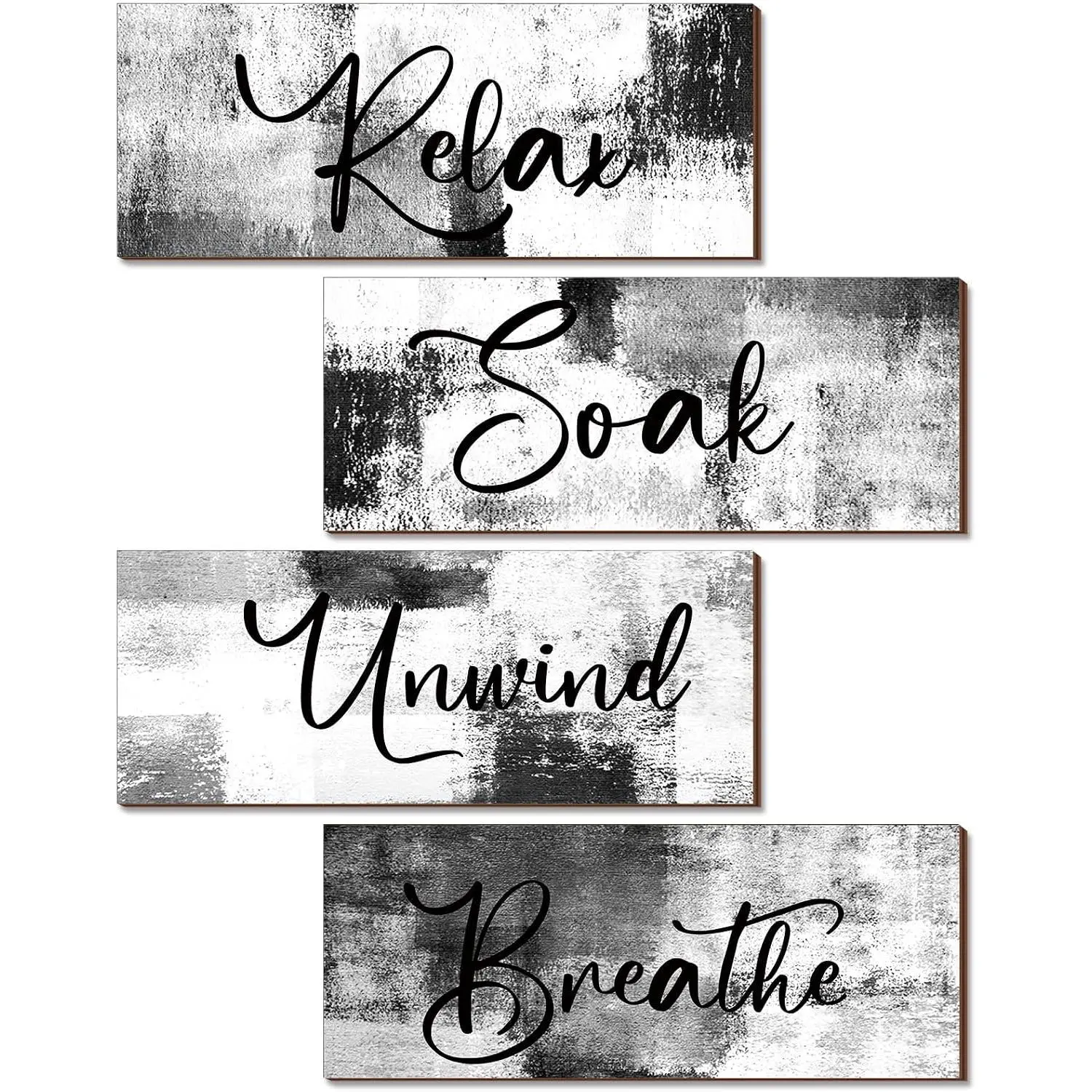 4 Pcs Bathroom Wall Decor 10 x 4 Inch Bathroom Wall Art Contemporary Wood Restroom Pictures for Soak Unwind Relax Hanging Sign Spa Rustic Vintage Farmhouse Pediments(Black and White)