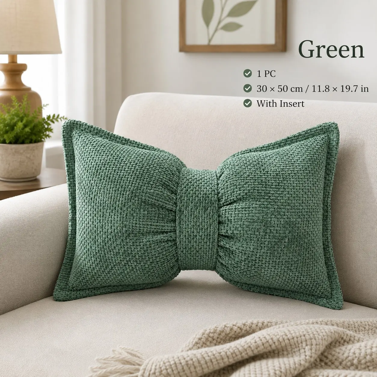 Bow Cushion Pillow, 30x50cm Textured Fabric Lumbar Support, Soft Plump Insert, Sofa Bedroom Home Decor, All Seasons