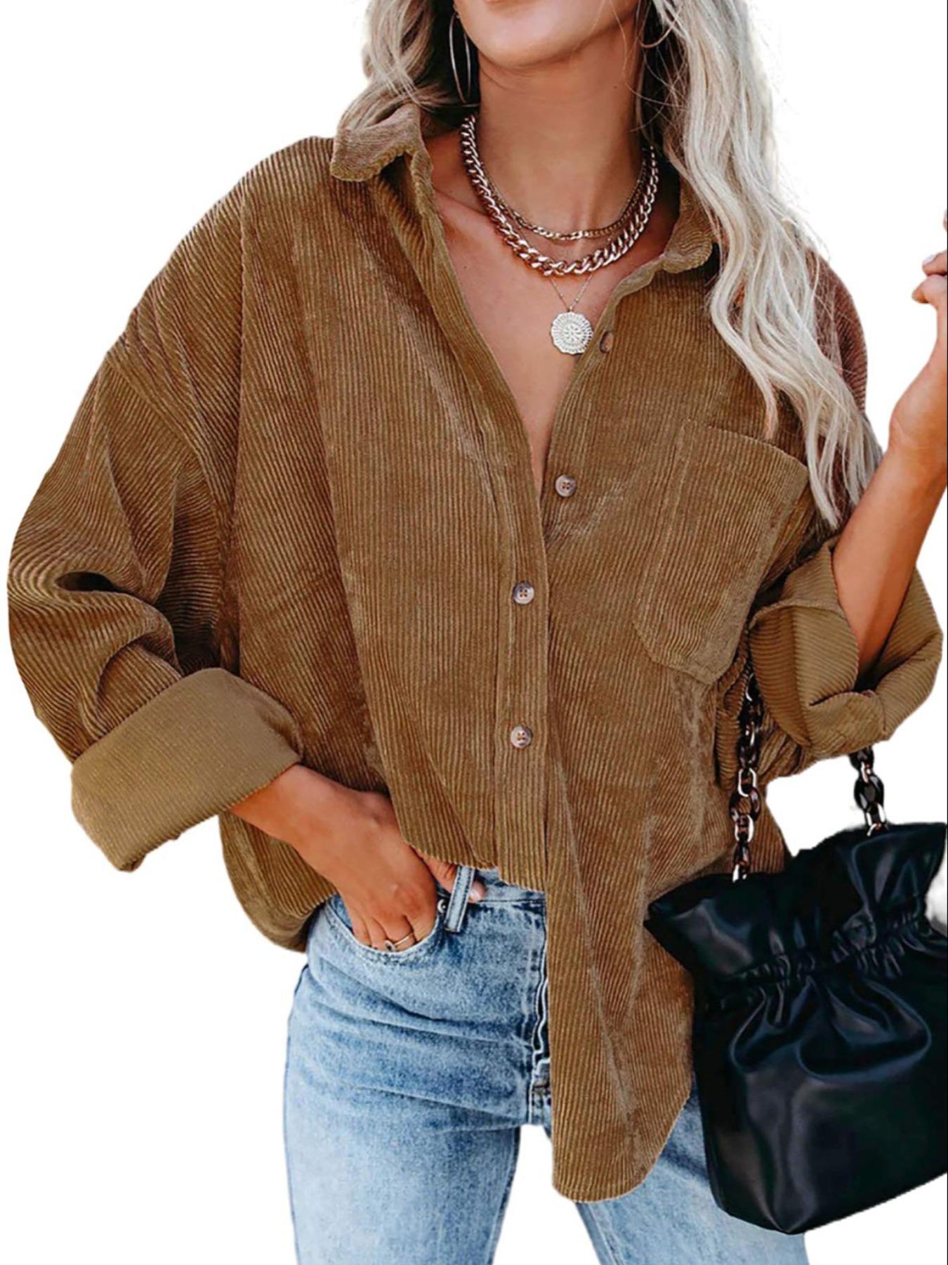 Women's Corduroy Button Collared Blouse Shirt With Pocket, Long Sleeve Loose Drop Shoulder Style For Spring & Fall