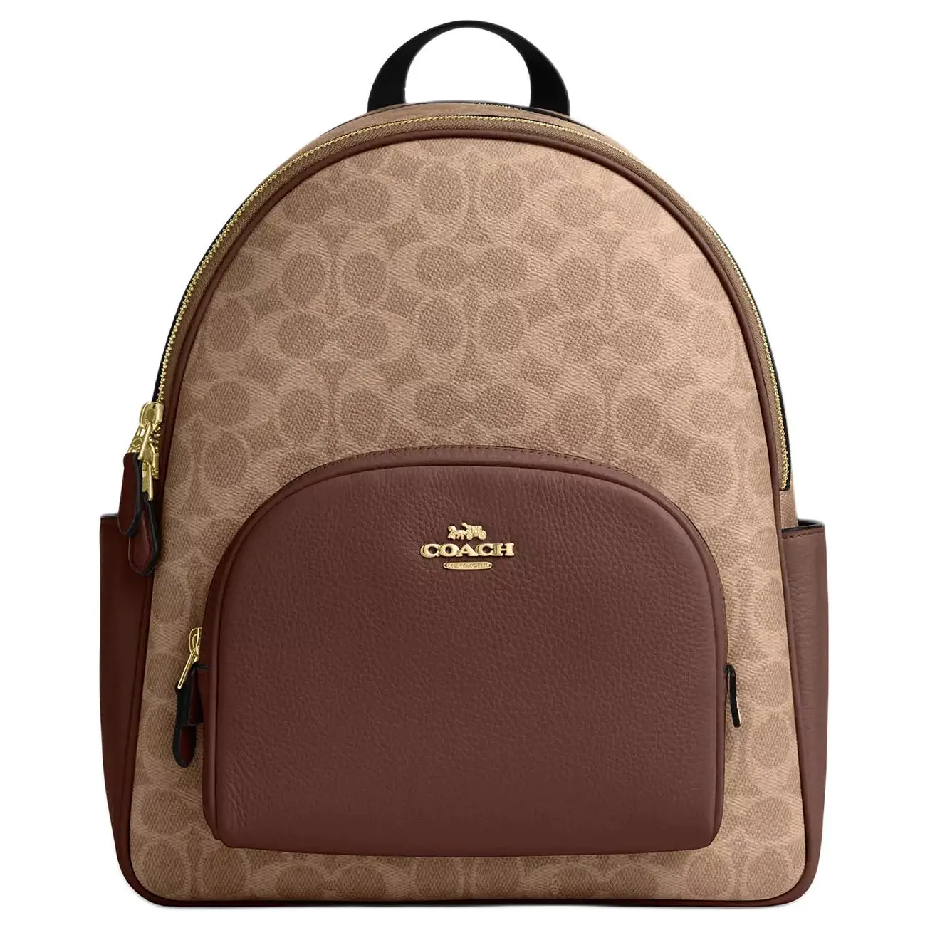 COACH Court 27 Double-C Monogram Zip-Top Leather Backpack for Women in Tan and Brown