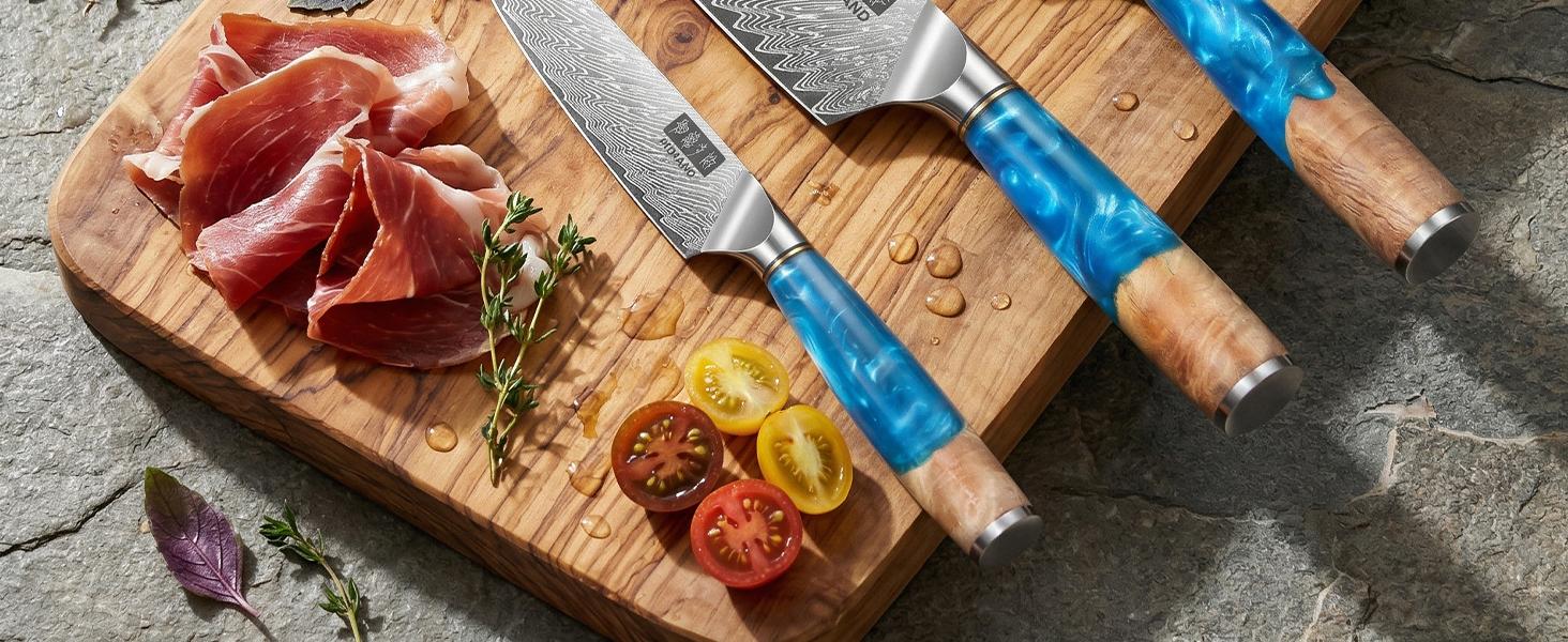 MDHAND Damascus Kitchen Knife Set 3PCS, Japanese VG10 Super Steel Core Professional Chef Knife Set, Ultra Sharp Professional Chef Knives with Azure Timber Collection Handle, Gifts for Men Women