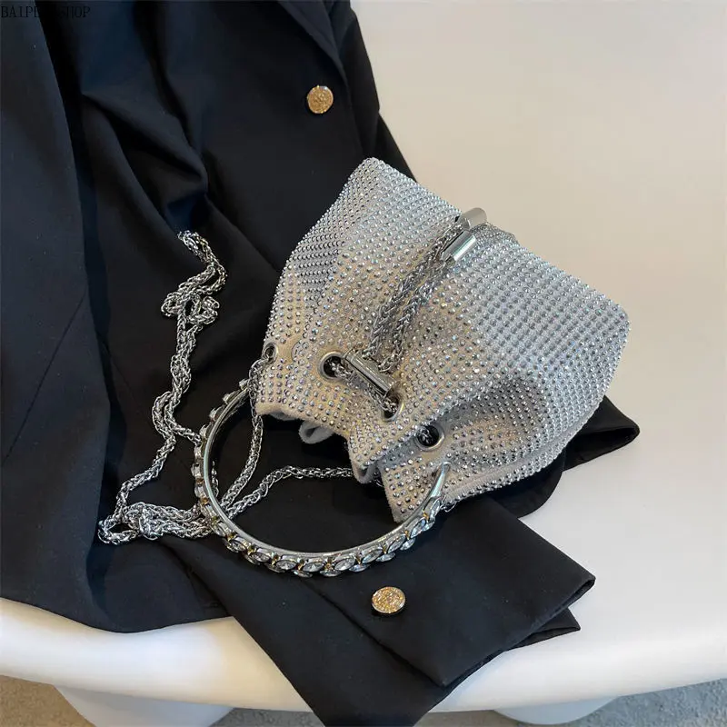 Handmade PU Leather Rhinestone Sparkly Tassel Bucket Crossbody Bag - Sequin Accents, Shiny Metal Shoulder Purse, Glam Evening Party Clutch for Wedding Formal Events, Sparkly Tassels, Street Look