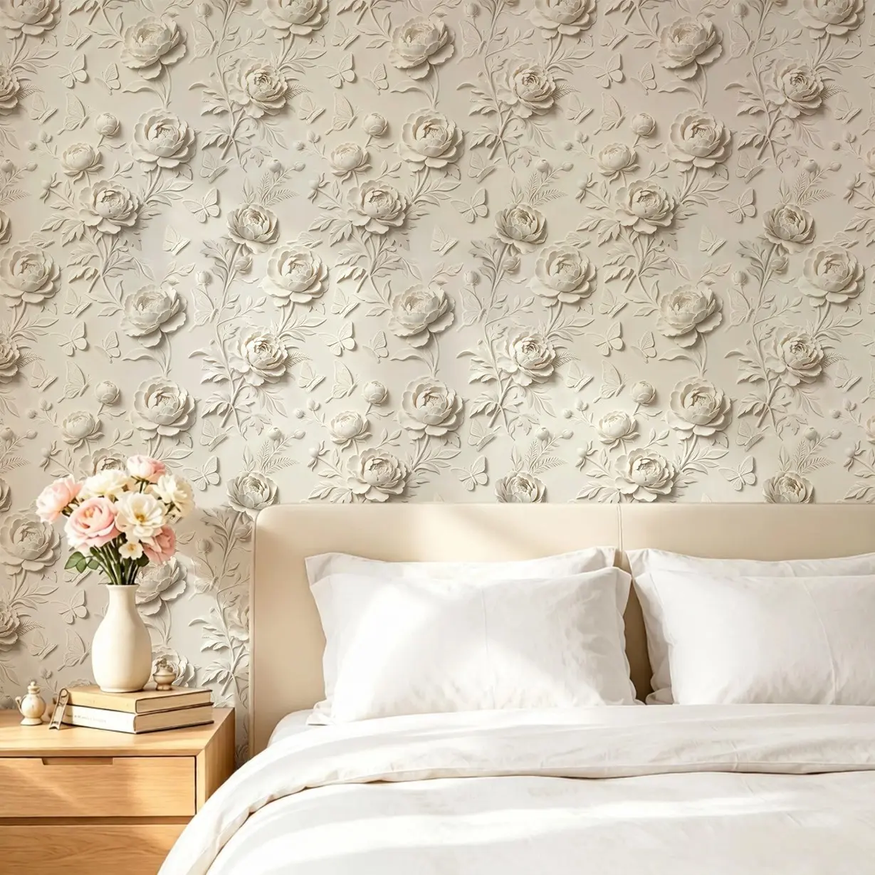 Cream Floral Butterfly Self-Adhesive Wallpaper, Peel And Stick Wallpaper Floral, Removable Elegant Rose Wall Art, Modern High-Quality for Living Room, Bedroom, Bathroom