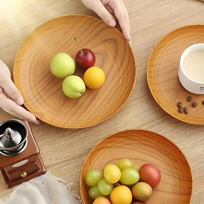 Stylish Wood Grain Plastic Plates - 10 Round Striped, High-Quality Lightweight Disposable Plates for Home, Party Use, Ideal for Cake, Tea Serving