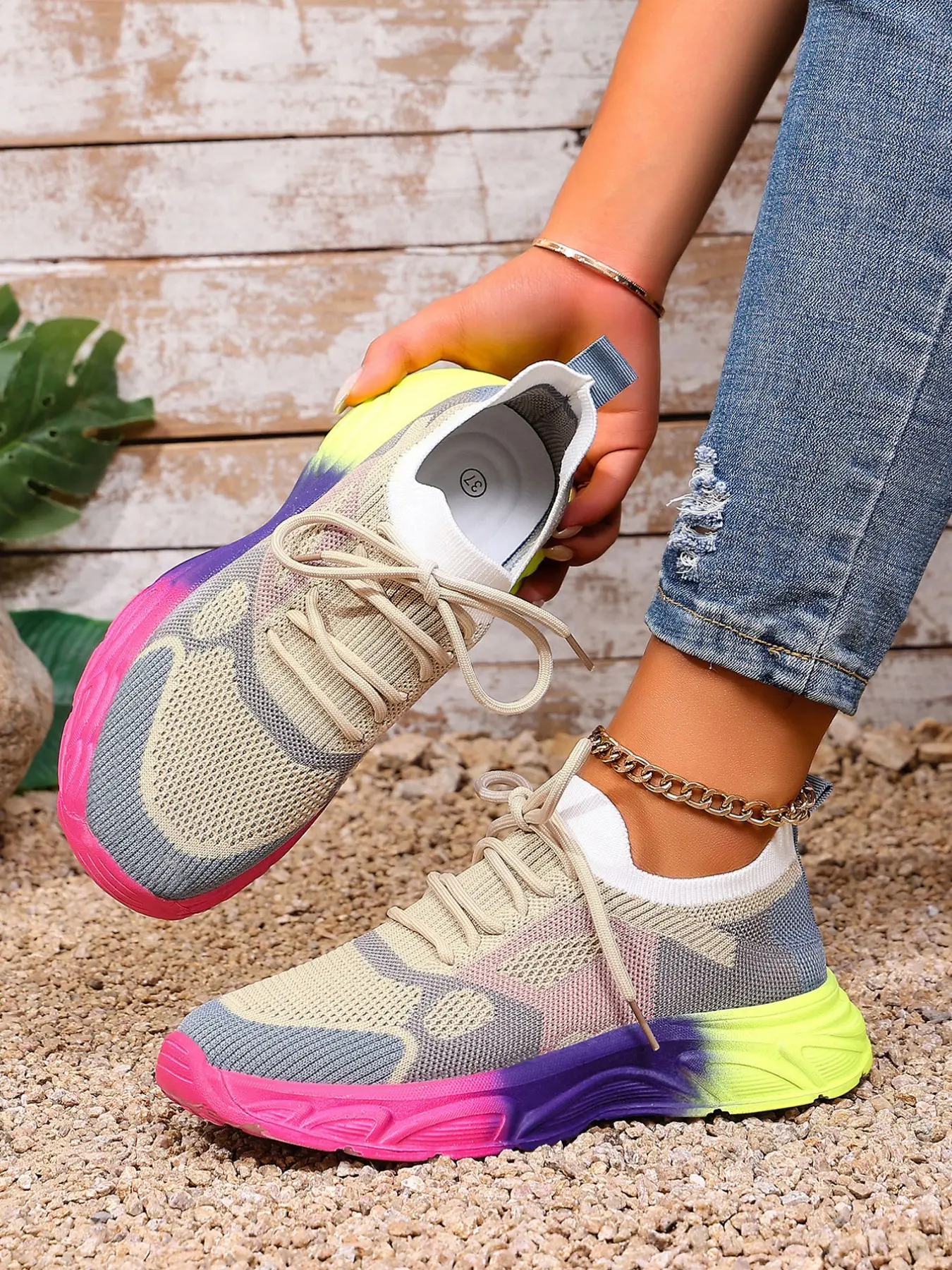 Women's Colorblock Flyknit Sneakers, Rainbow Gradient Thick Sole, Breathable Mesh, Lace-Up, Casual Running Shoes, Fashion Sporty Footwear, Trendy Running Shoes