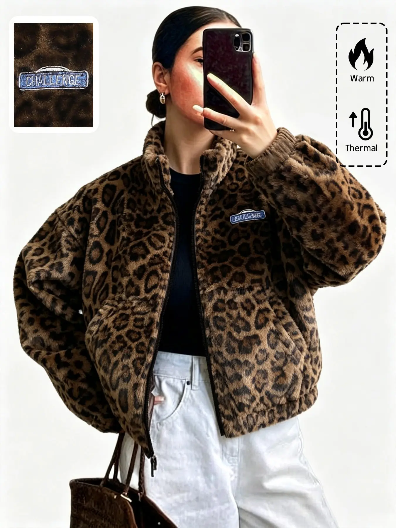 Women's Fall Winter Warm Fleece Jacket, Vintage Leopard Print Top, Fashion Outerwear, Casual Daily Wear, Comfortable and Stylish, Zipper