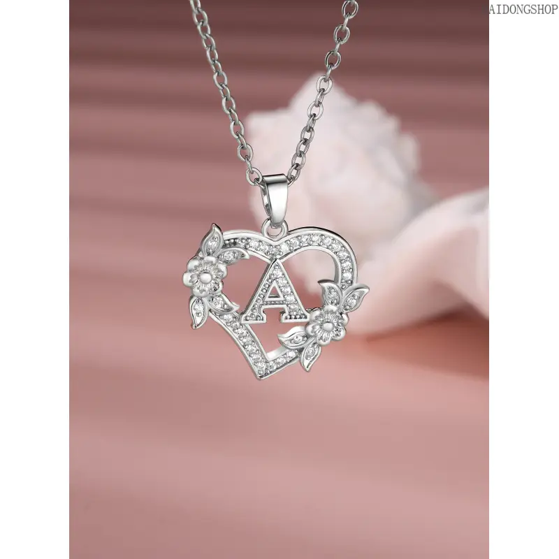 New Heart Letter Detail Pendant Necklace for Women, Rhinestone Flower Inlaid Love Jewelry, Dainty Costume Accessory for Daily Outfits, Romantic Birthday & Holiday Gift for Girls